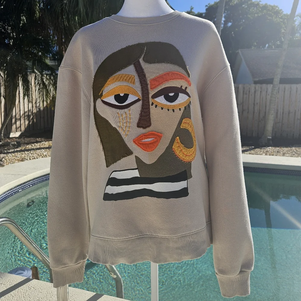 NEW Zara Sweatshirt Size S Beige Eclectic Streetwear Contemporary Casual - Picture 3 of 11